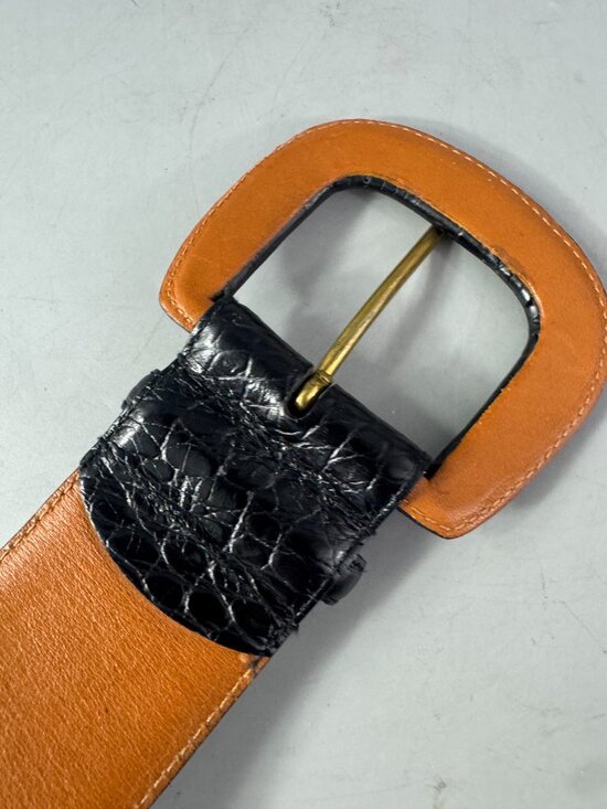 LAUREN RALPH LAUREN WIDE CROC EMBOSSED LEATHER WIDE BELT WOMEN LARGE BLACK main image 5